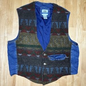 Vintage Denim Express Vest Southwestern Wool Large Blue Western Grandpa Boho